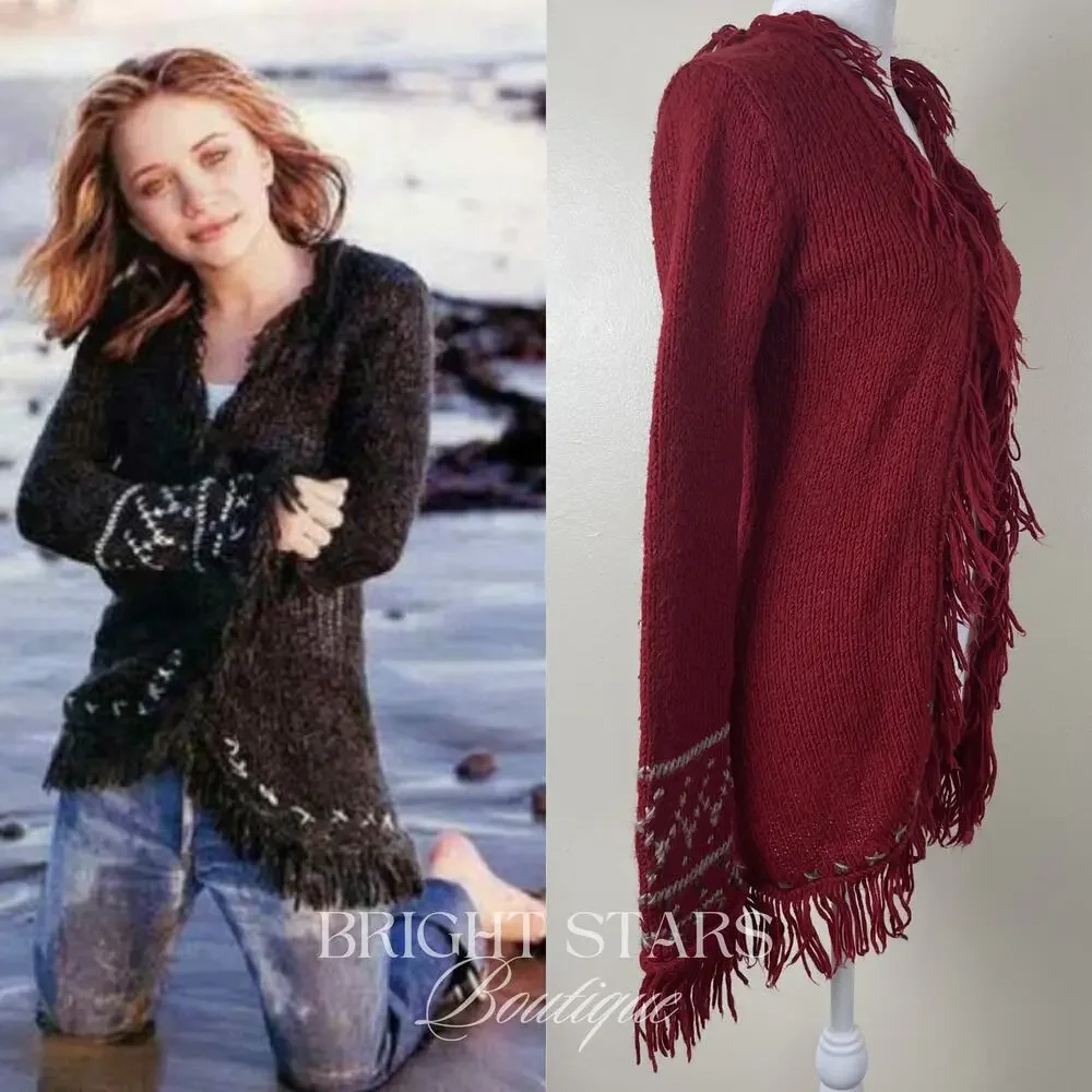 Rare Vintage Knit Cardigan Fringe ALT Red ASO Mary-Kate Olsen Ashley Olsen